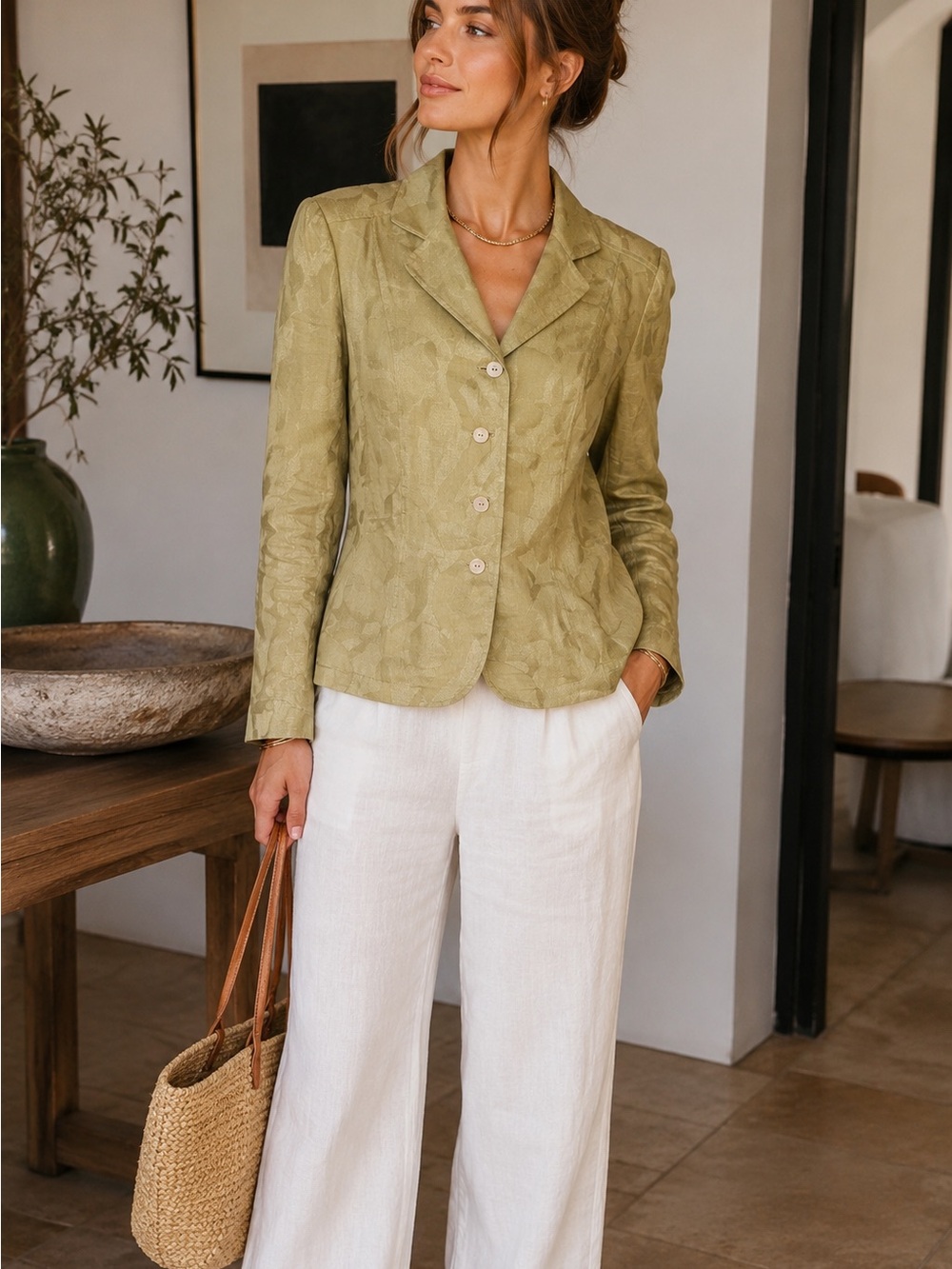 Anne Klein 100% Linen Jacquard‎ Blazer Olive Green Floral Textured Jacket Size 8